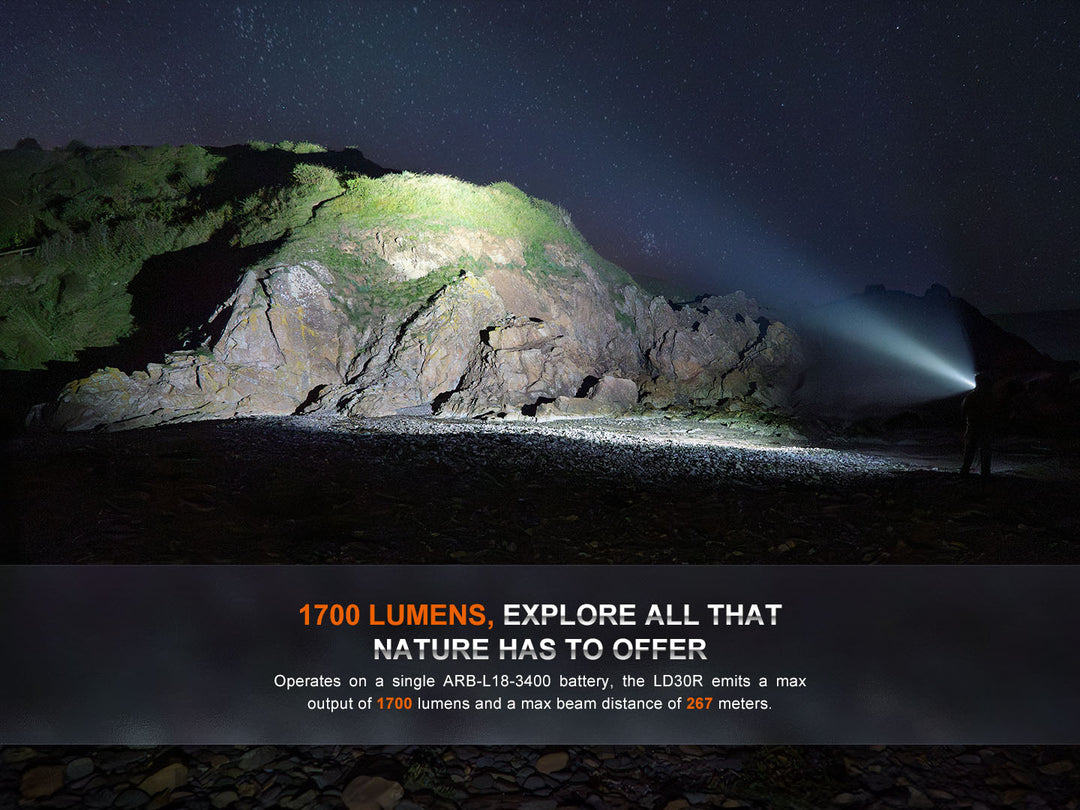 Fenix LD30R lightweight flashlight lighting up a cliff face