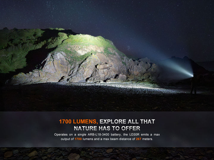 Fenix LD30R lightweight flashlight lighting up a cliff face