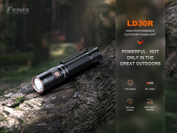 Fenix LD30R lightweight flashlight on a tree branch