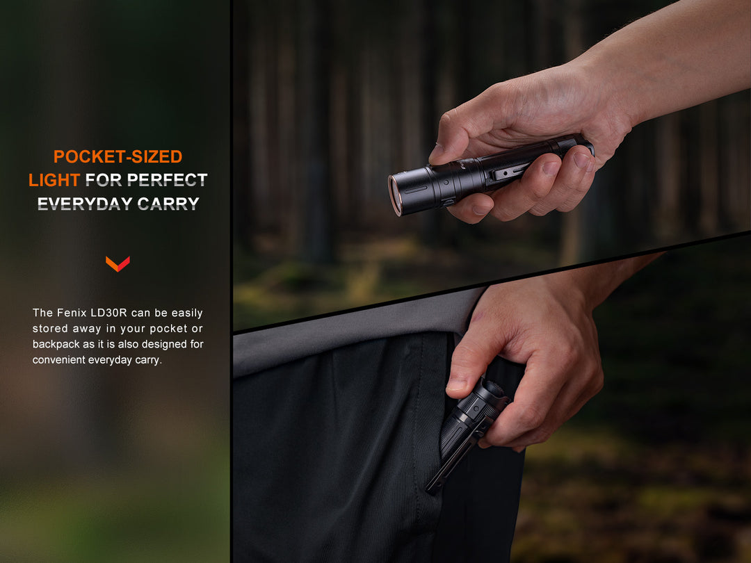 Two photos showing the Fenix LD30R lightweight flashlight held in hand and clipped to pocket