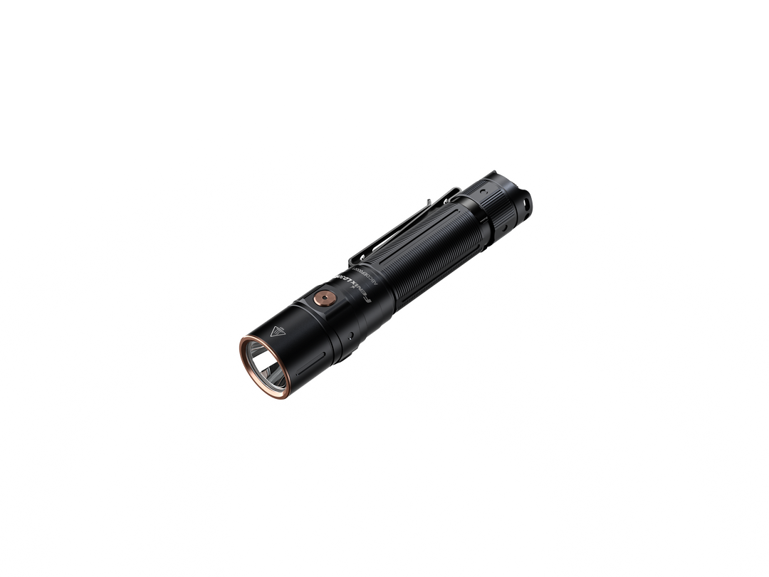 A black Fenix LD30R high-performance lightweight flashlight with a visible LED light.