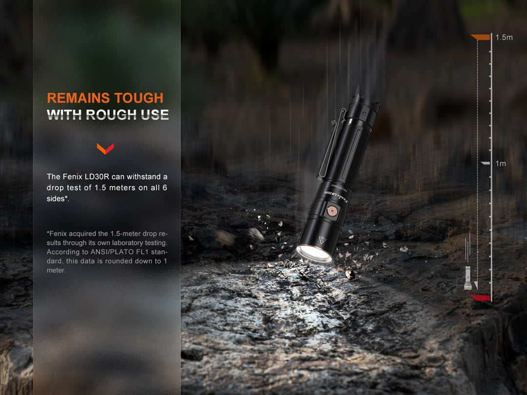 Fenix LD30R lightweight flashlight dropped on stone