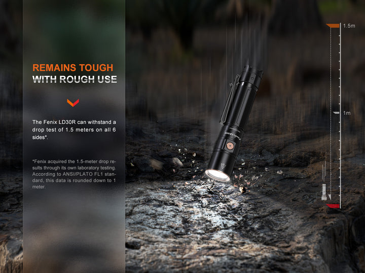 Fenix LD30R lightweight flashlight dropped on stone