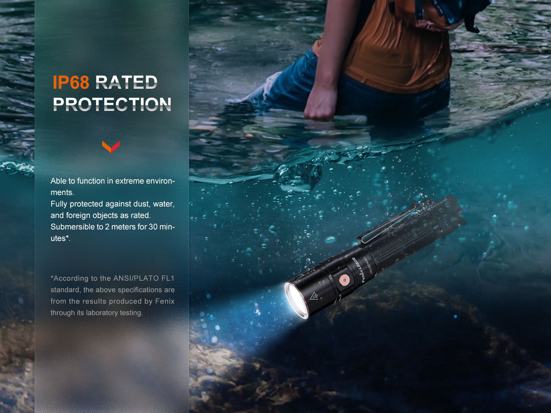 A hiker drops the Fenix LD30R lightweight flashlight in a river as they wade through it