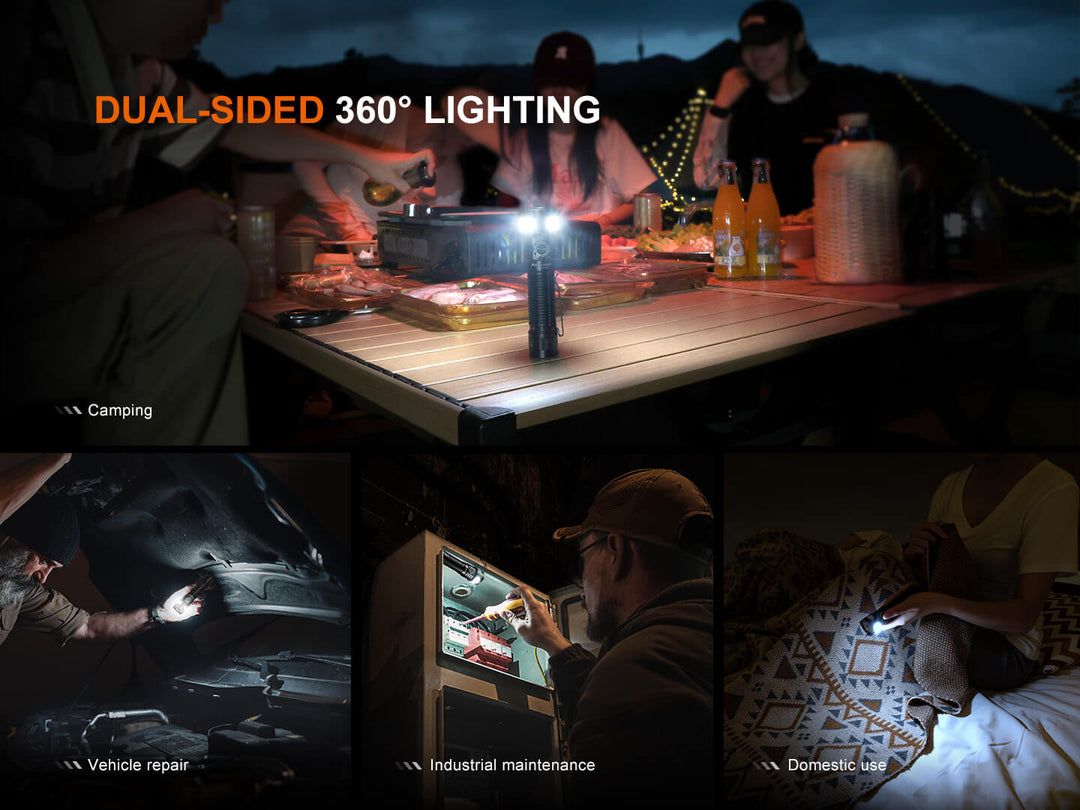 Camping scene with dual-sided 360° lighting Fenix LD35R Flashlight, used for vehicle repair, industrial maintenance, and domestic tasks.