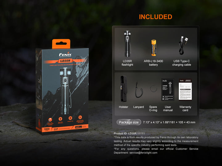 Fenix LD35R flashlight packaging with included items displayed.