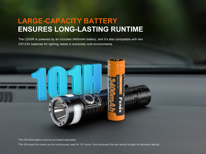 Fenix LD35R Flashlight and battery on a car dashboard with text about battery capacity and runtime.