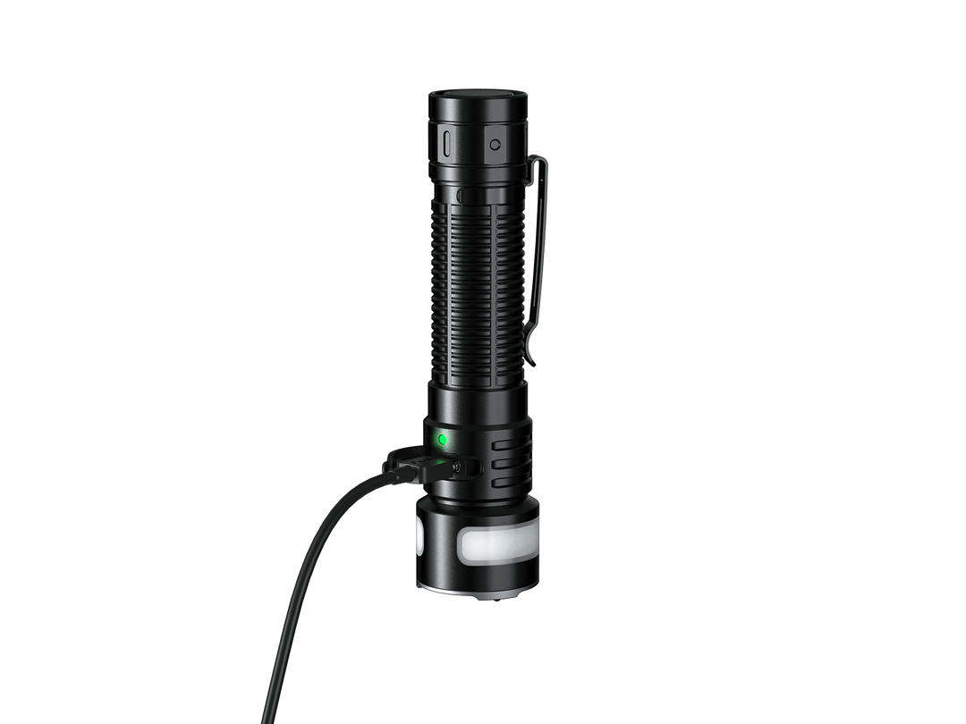 Black Fenix LD35R Flashlight with charging cable on a black background