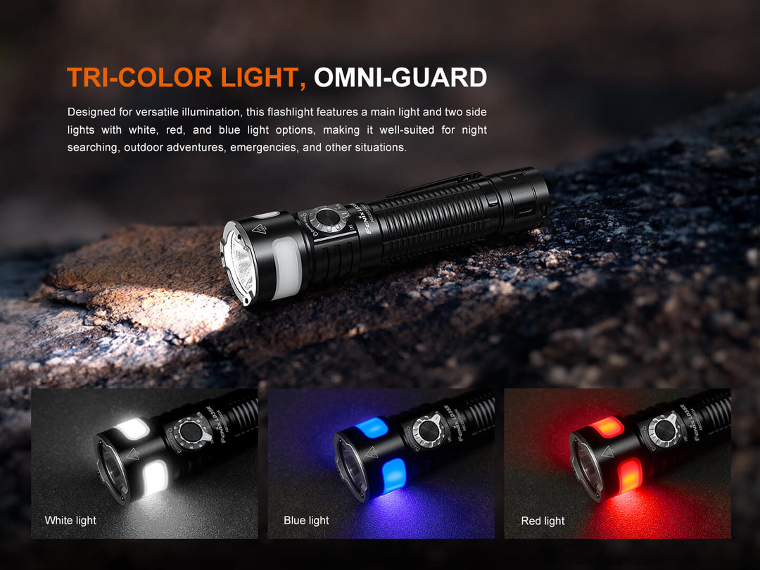 Tri-color light Fenix LD35R Flashlight with white, red, and blue light options on a dark background.