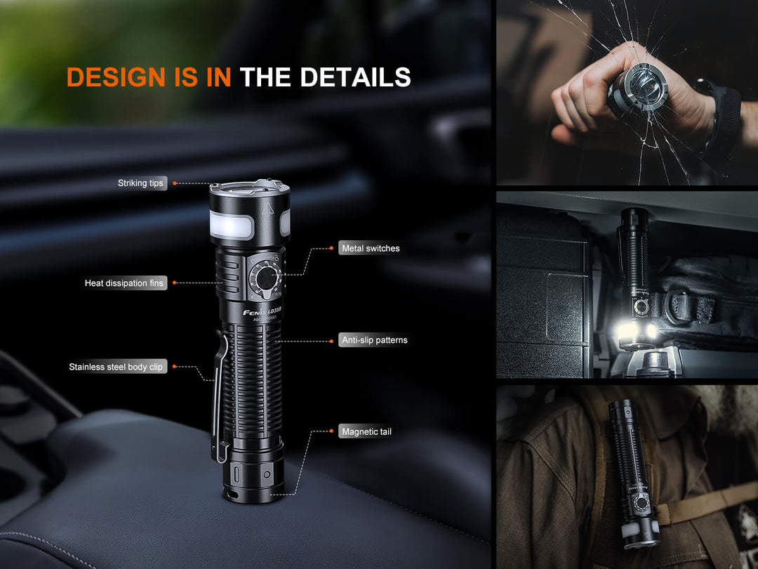 Black Fenix LD35R Flashlight with features highlighted and usage scenarios shown.
