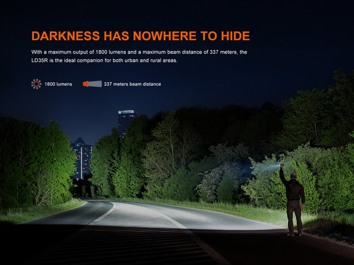 Person standing on a road at night with a Fenix LD35R Flashlight, surrounded by trees, with text about light output and beam distance.
