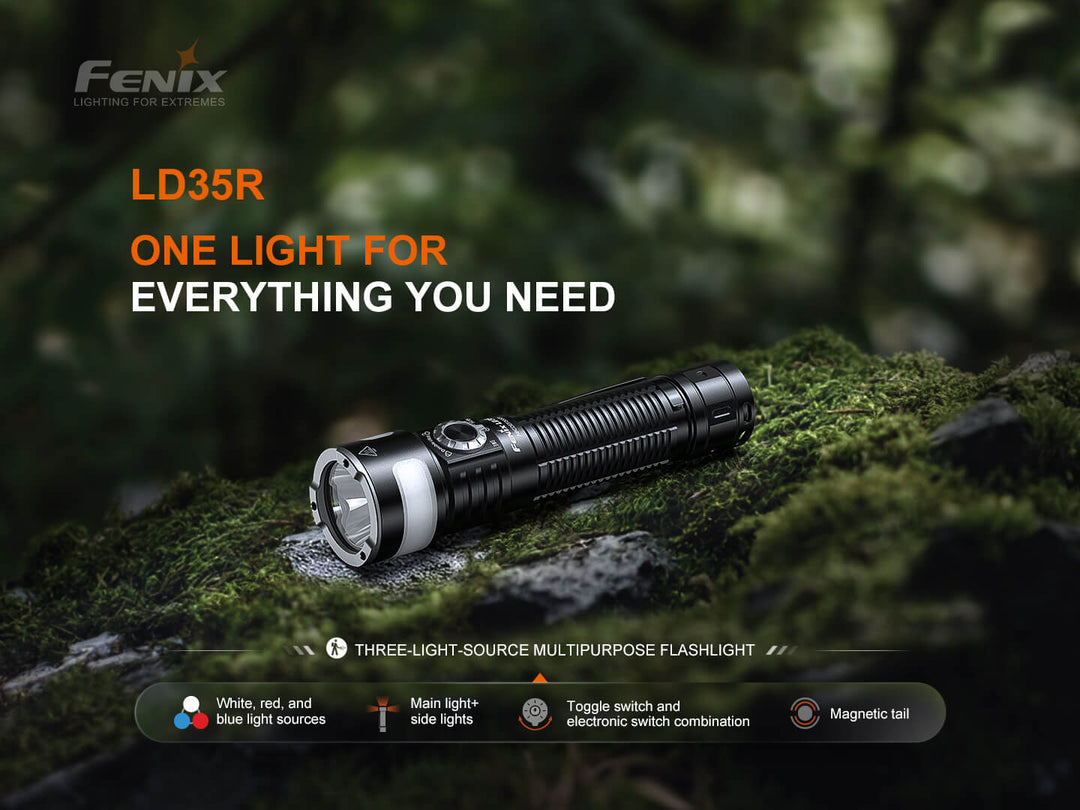 Fenix LD35R flashlight on a mossy surface with branding and product features displayed.