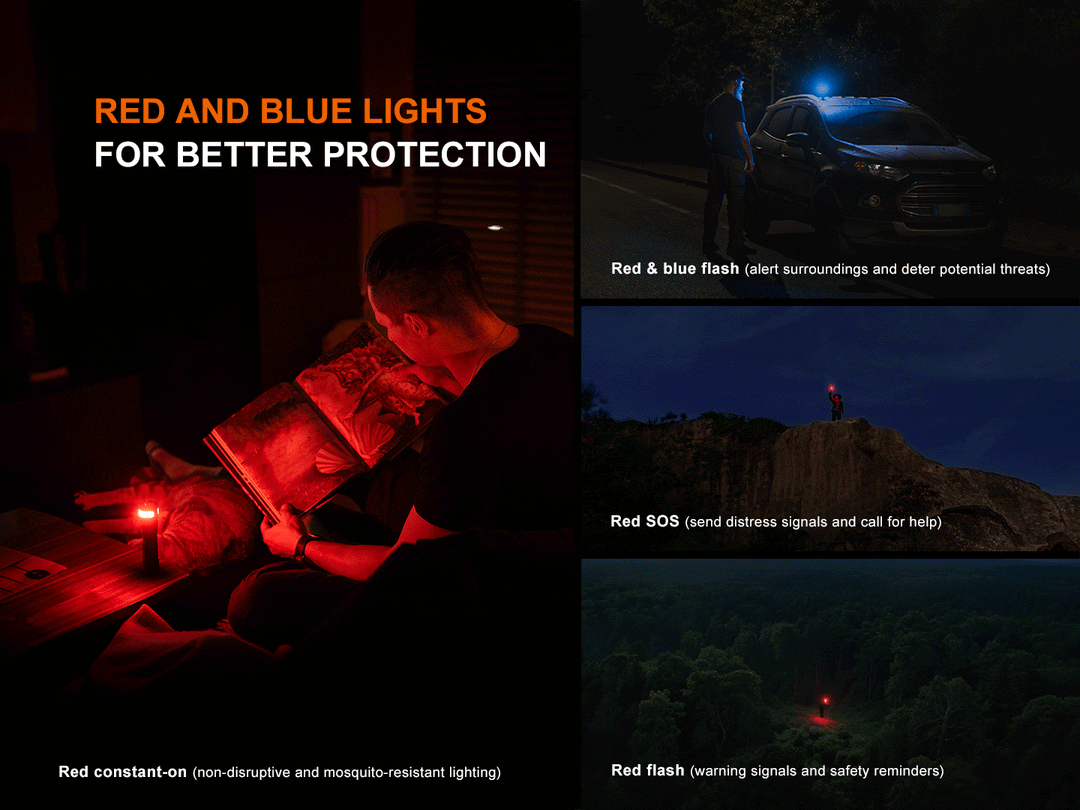 A GIF showing the red and blue light features of the Fenix LD35R Flashlight 
