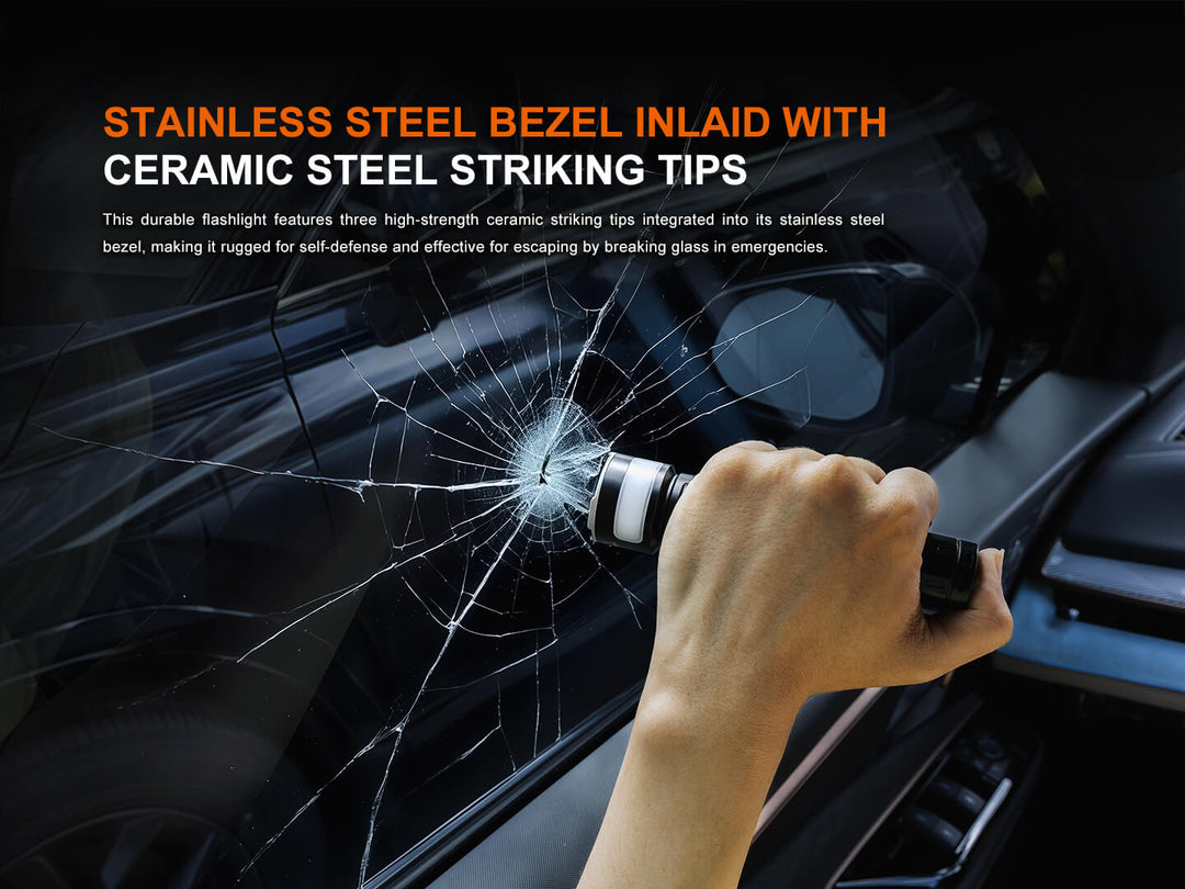 Hand holding a Fenix LD35R Flashlight breaking a car window with text about stainless steel bezel and ceramic steel striking tips.