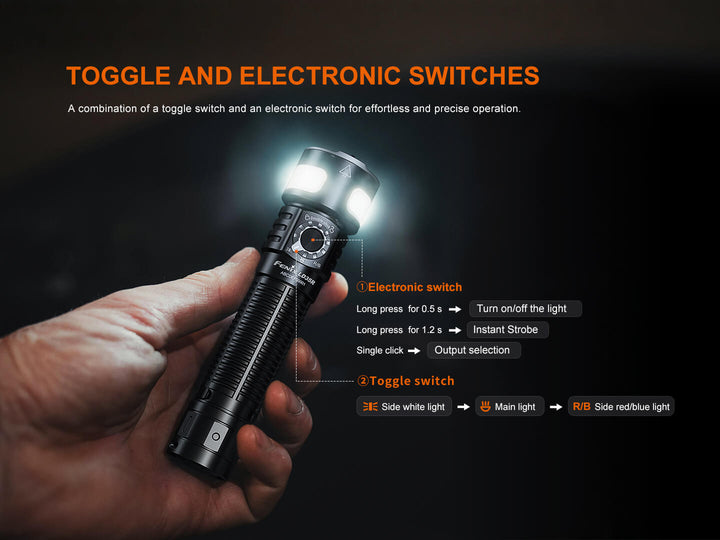 Hand holding a Fenix LD35R Flashlight with toggle and electronic switch explanations on a dark background