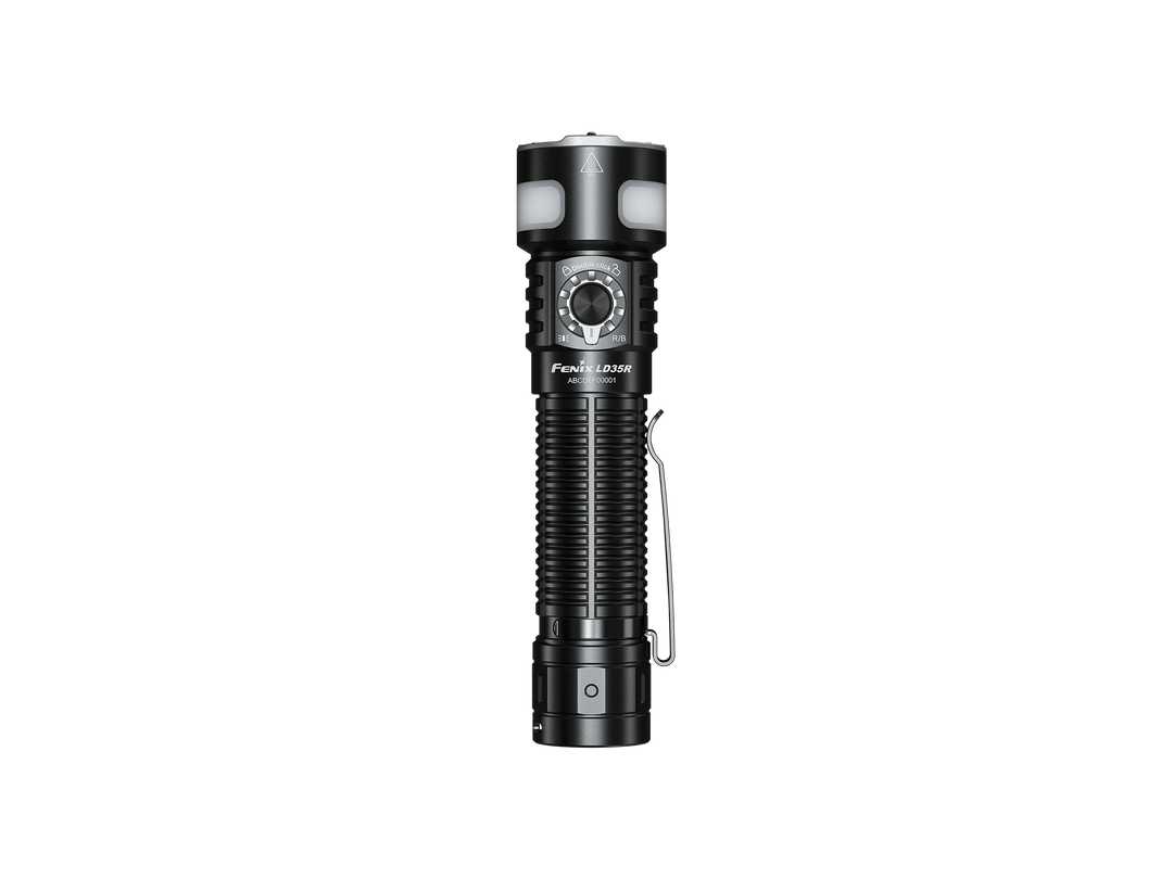 Black Fenix LD35R Flashlight with visible brand name on a black background
