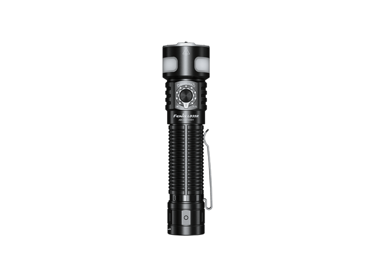 Black Fenix LD35R Flashlight with visible brand name on a black background