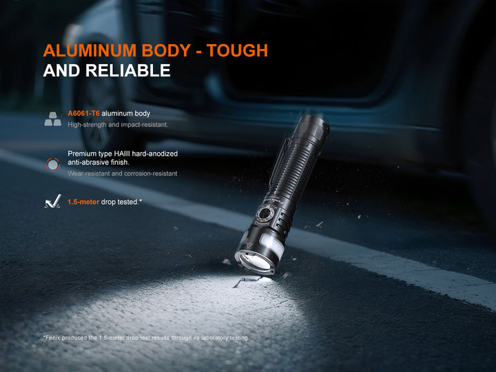 Fenix LD35R Flashlight with text highlighting its aluminum body and durability on a dark background