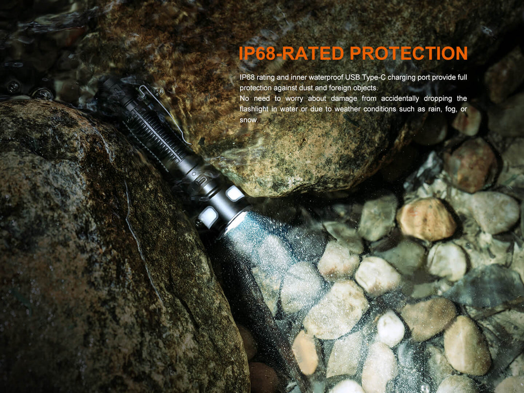 Fenix LD35R Flashlight on a rocky surface with IP68 rating text
