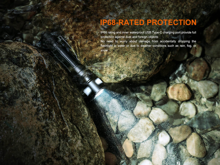 Fenix LD35R Flashlight on a rocky surface with IP68 rating text