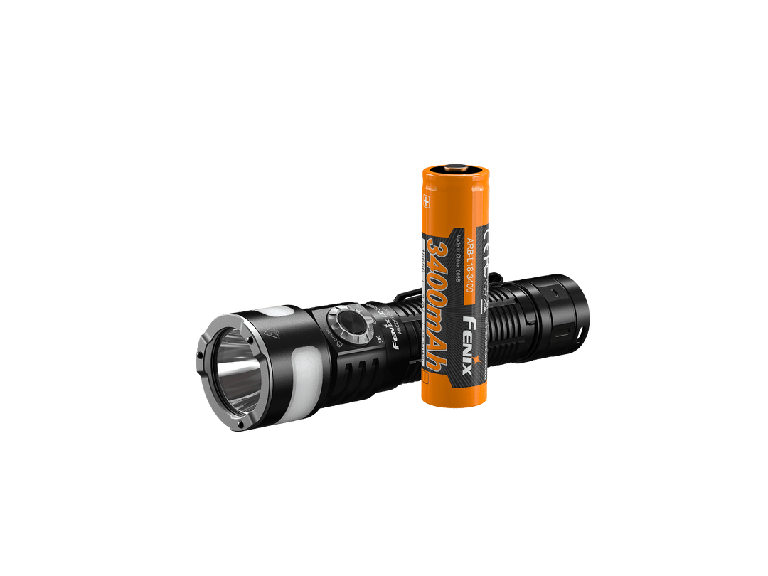 Fenix LD35R Flashlight and battery on a black background