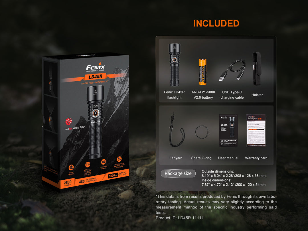 Fenix LD45R Digital Focus Flashlight in packaging with included accessories