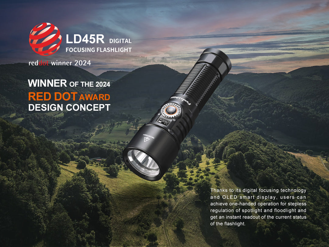 Fenix LD45R Digital Focus Flashlight with a nature photo in the background and graphics showing its Red Dot award.