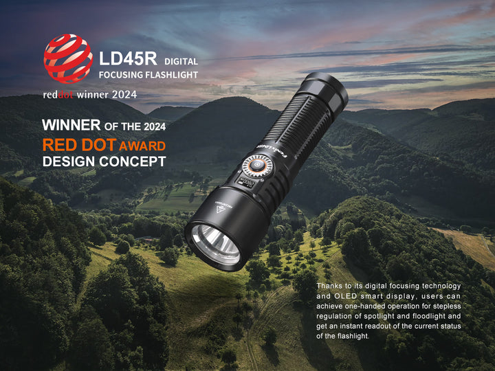 Fenix LD45R Digital Focus Flashlight with a nature photo in the background and graphics showing its Red Dot award.