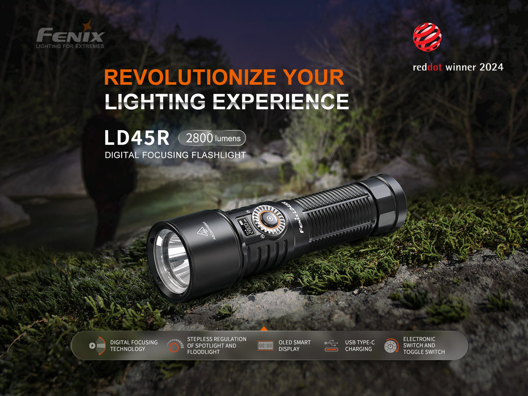 Fenix LD45R Digital Focus Flashlight on mossy stone with graphics showing its Red Dot award