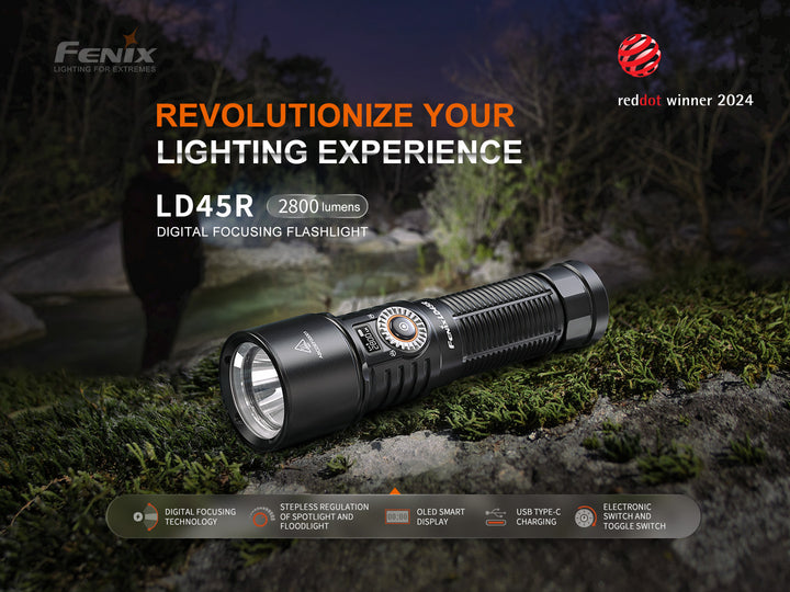Fenix LD45R Digital Focus Flashlight on mossy stone with graphics showing its Red Dot award