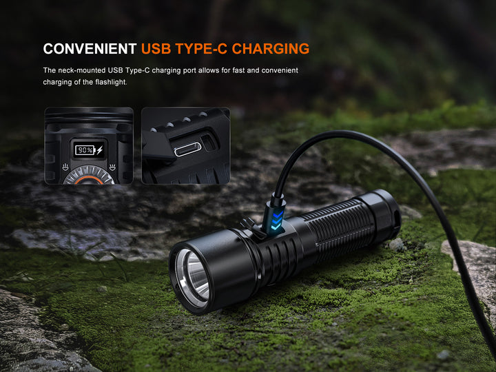 Fenix LD45R Digital Focus Flashlight on stone being charged via its USB-C cable