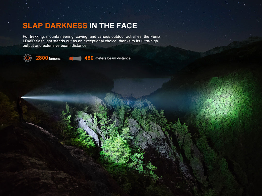 Fenix LD45R Digital Focus Flashlight used light up a mountain from large distance
