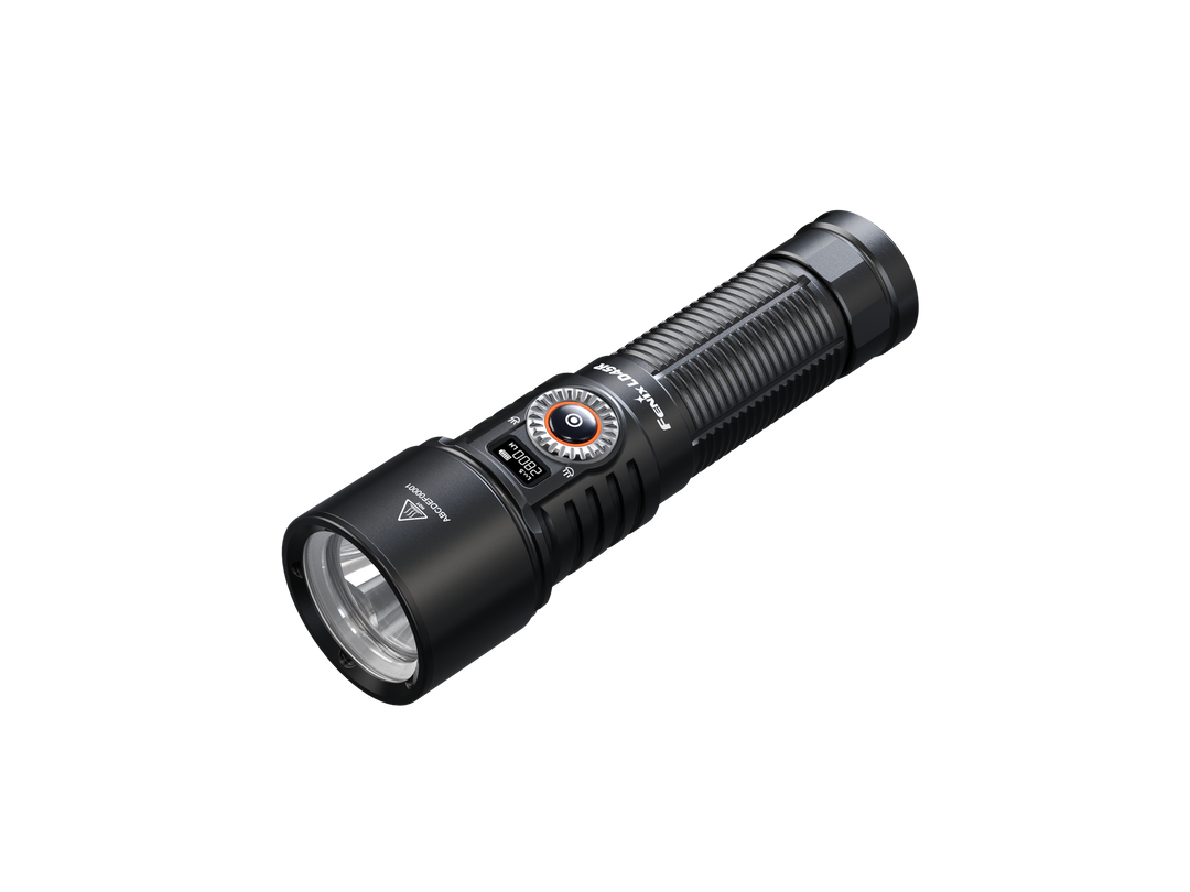 A black Fenix LD45R Digital Focus Rechargeable LED Flashlight with a visible OLED display and a silver accents on a dark background.