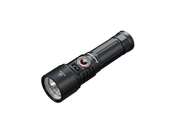A black Fenix LD45R Digital Focus Rechargeable LED Flashlight with a visible OLED display and a silver accents on a dark background.