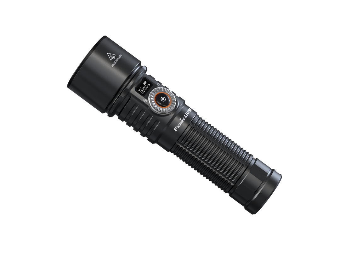 Fenix LD45R Digital Focus Flashlight viewed from a top left angle