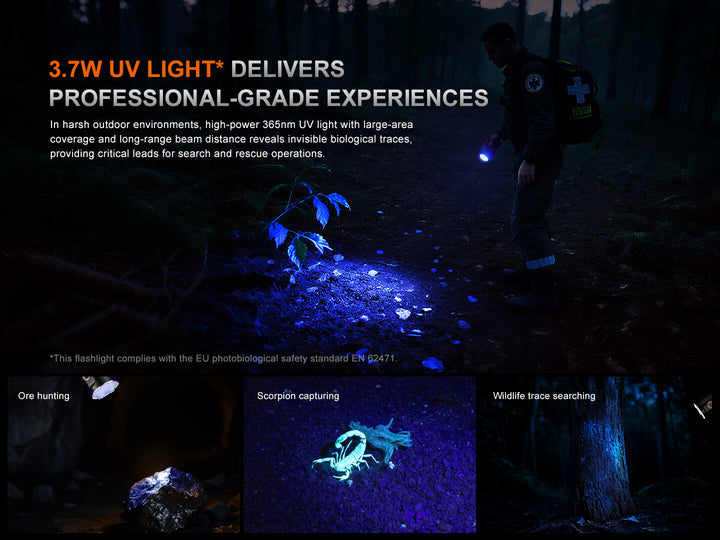 Person using the UV light of the Fenix LR35R Pro Searchlight in a dark forest setting with text highlighting its features.