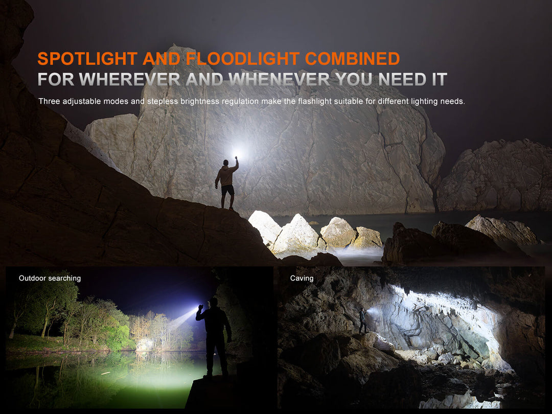 Person exploring a cave with a Fenix LR35R Pro Searchlight, highlighting the versatility of the light source.