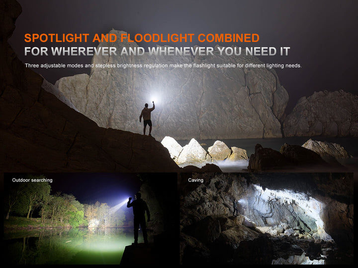 Person exploring a cave with a Fenix LR35R Pro Searchlight, highlighting the versatility of the light source.