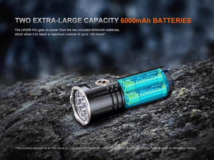 Fenix LR35R Pro Searchlight with 6000mAh batteries on a rocky surface, highlighting battery capacity.