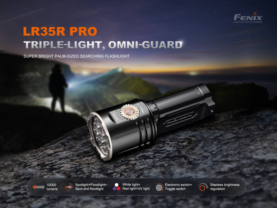 Fenix LR35R Pro flashlight with a person using it in a dark landscape, featuring the Fenix logo.