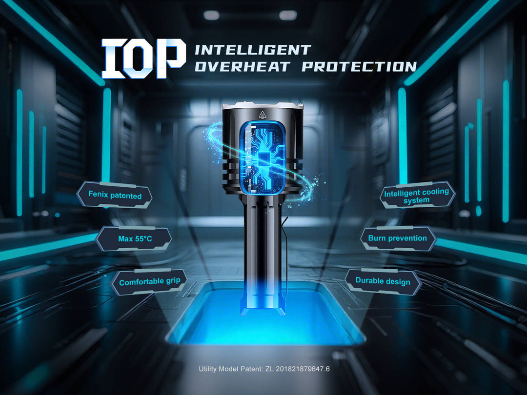 Fenix LR35R Pro Searchlight with intelligent overheat protection features displayed in a futuristic setting.