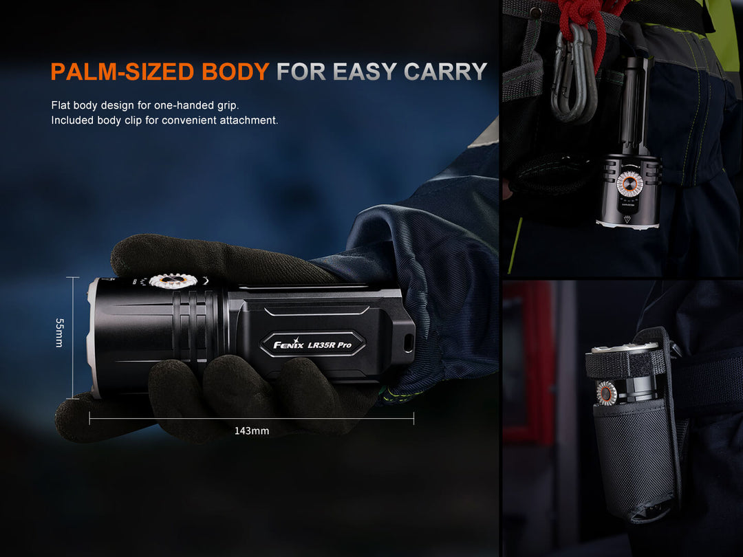 Fenix LR35R Pro Searchlight held in a hand with text about palm-sized body and easy carry, shown in various contexts.