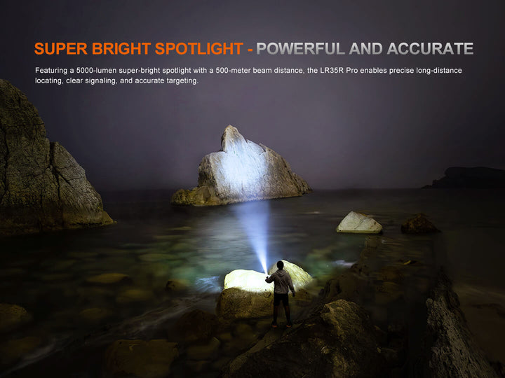 Person using a Fenix LR35R Pro Searchlight on rocks with a dark background