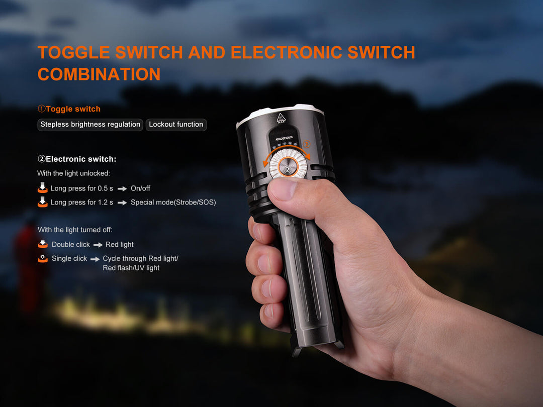 Hand holding a Fenix LR35R Pro Searchlight with toggle switch and electronic switch features, against a dark background.