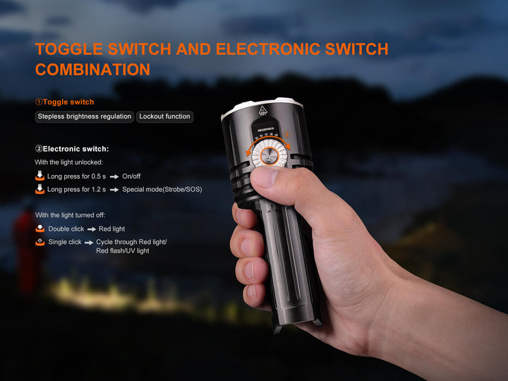 Hand holding a Fenix LR35R Pro Searchlight with toggle switch and electronic switch features, against a dark background.