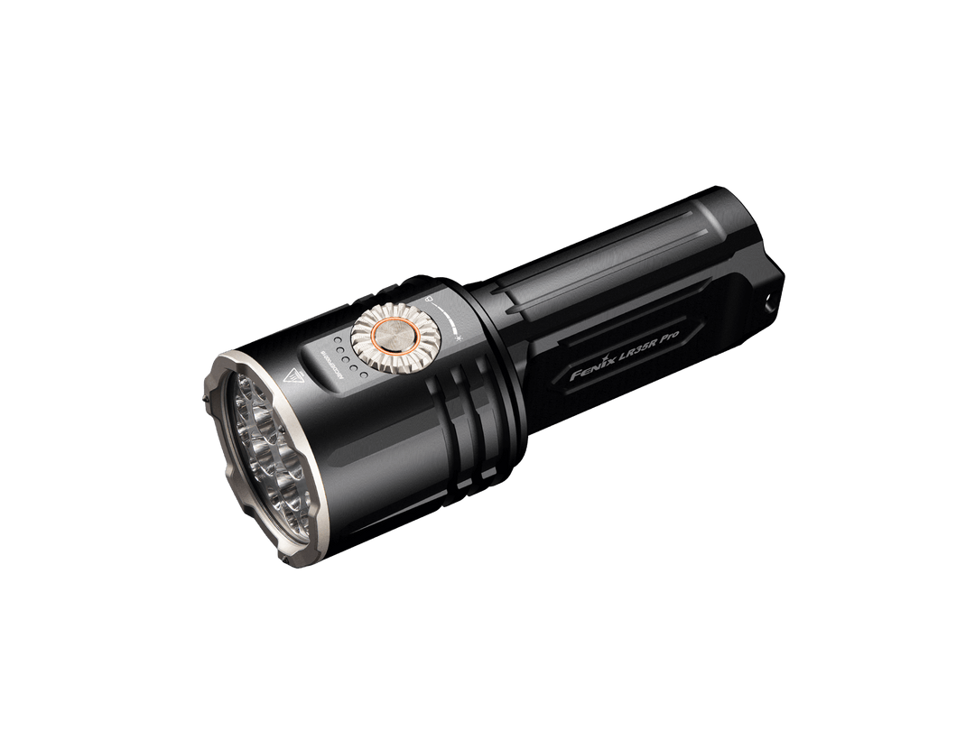 Black Fenix LR35R Pro Searchlight with visible brand logo on a black background