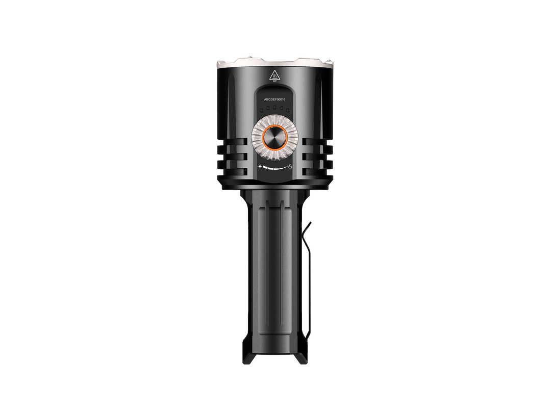 Black Fenix LR35R Pro Searchlight with a circular design on a white background