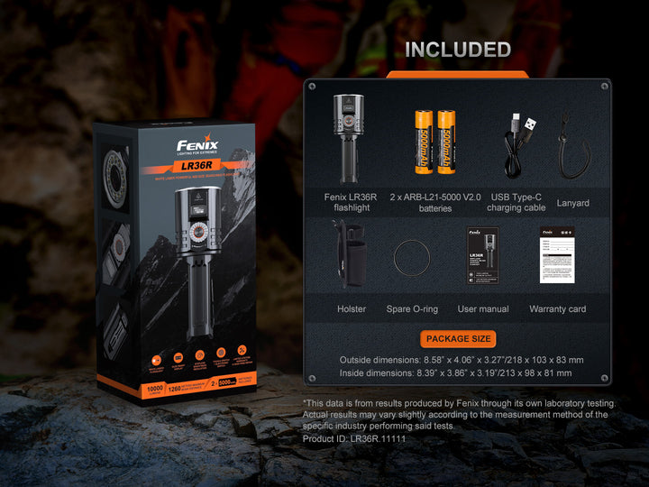 Fenix LR36R Searching Flashlight in packaging with included accessories