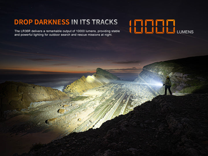 Extremely bright beam of the Fenix LR36R Searching Flashlight used to light up a wide area