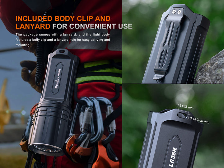 Several photos highlighting the clip and lanyard attachment of the Fenix LR36R Searching Flashlight 
